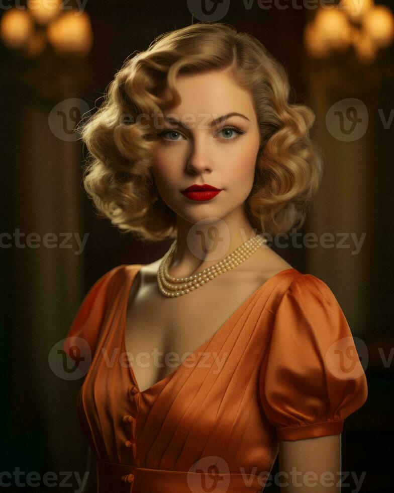 portrait of a beautiful woman in an orange dress with red lipstick and pearls generative ai photo