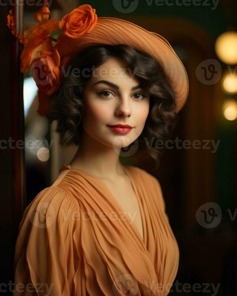 portrait of a beautiful woman wearing an orange hat generative ai photo