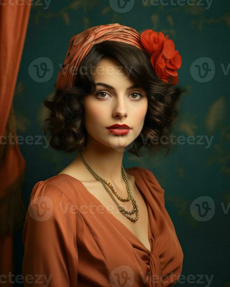 portrait of a beautiful woman with a red flower in her hair generative ai photo