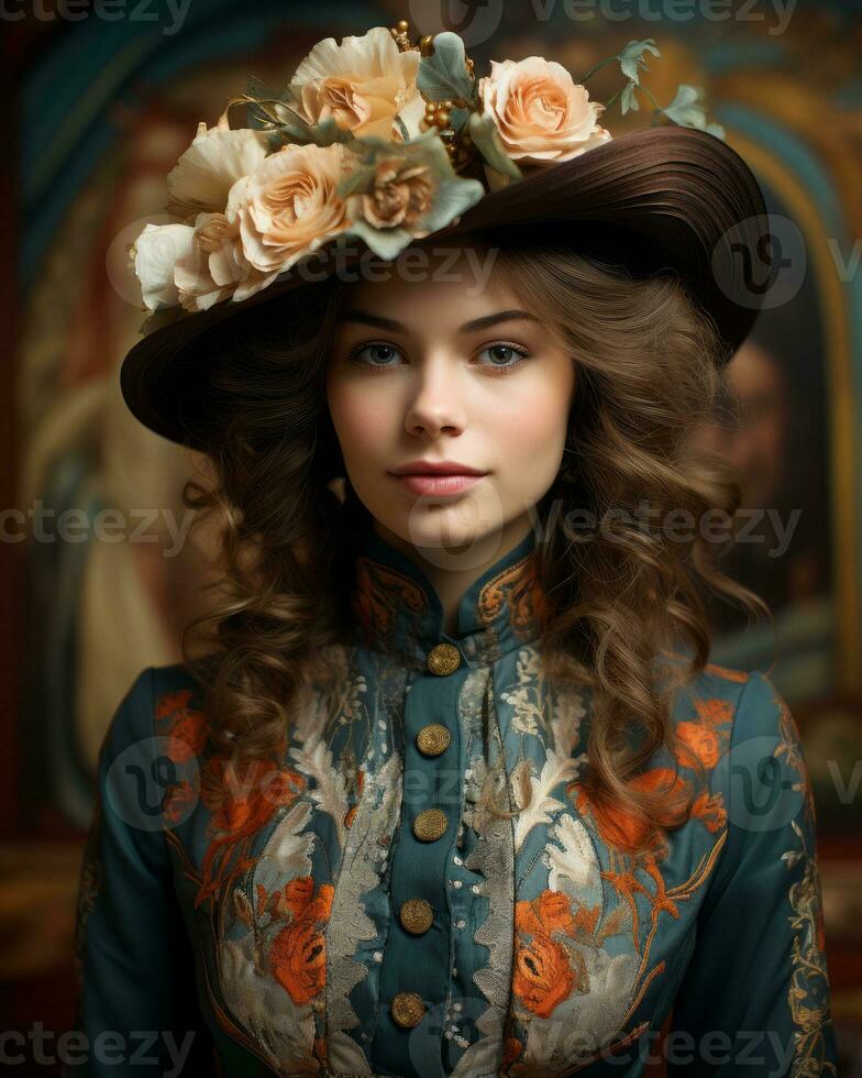 portrait of a beautiful woman wearing a hat with flowers generative ai photo