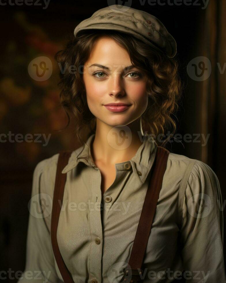 portrait of a beautiful young woman in a hat and suspenders generative ai photo