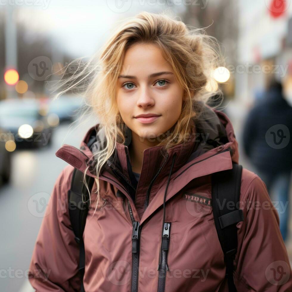 portrait of a beautiful young woman in a maroon jacket on a city street generative ai photo