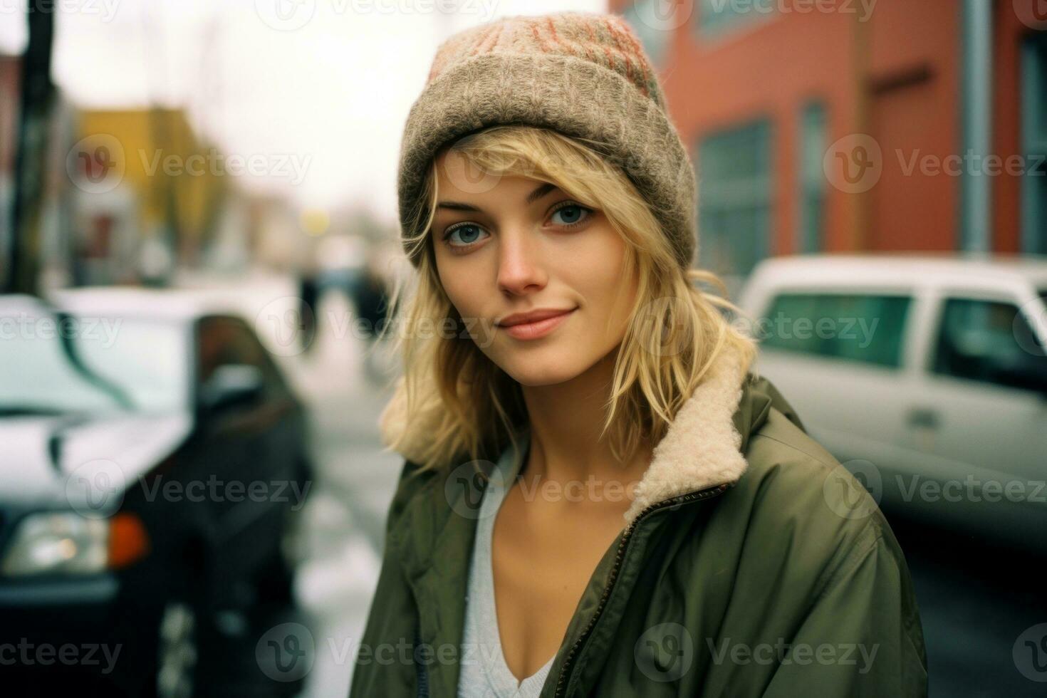 portrait of a beautiful young woman wearing a beanie on the street generative ai photo