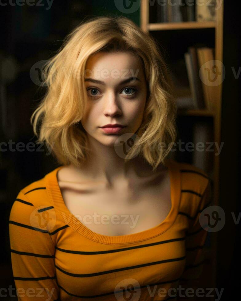 portrait of a beautiful young woman with blonde hair in front of a bookshelf generative ai photo