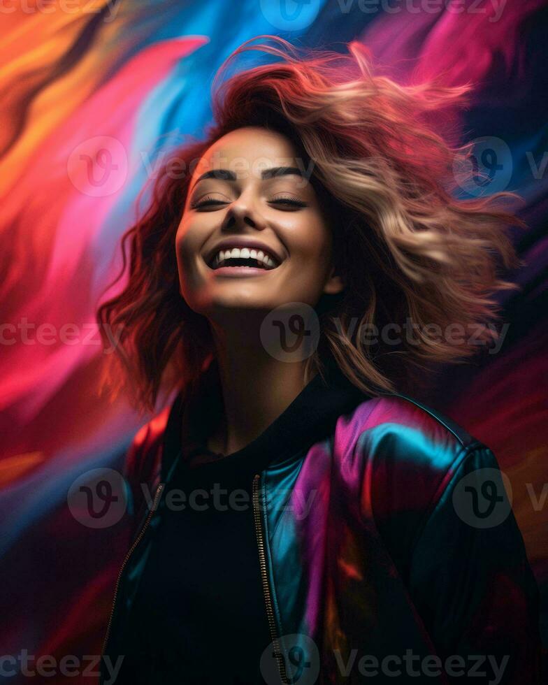 portrait of a beautiful young woman with colorful abstract background stock photo generative ai