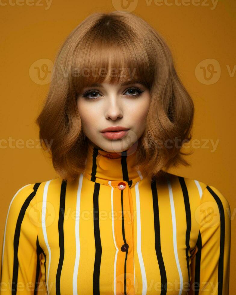 portrait of a beautiful young woman with short brown hair on yellow background generative ai photo