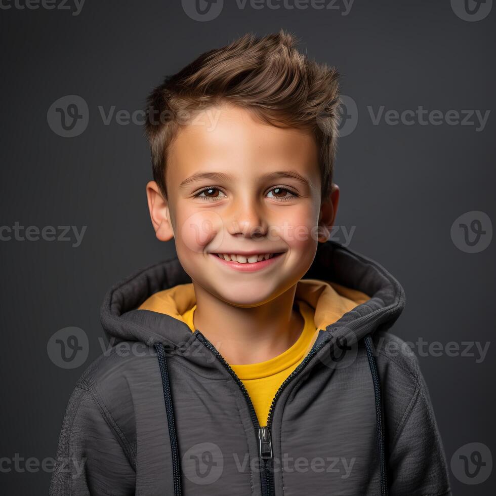portrait of a cute little boy in a grey hoodie on a dark background