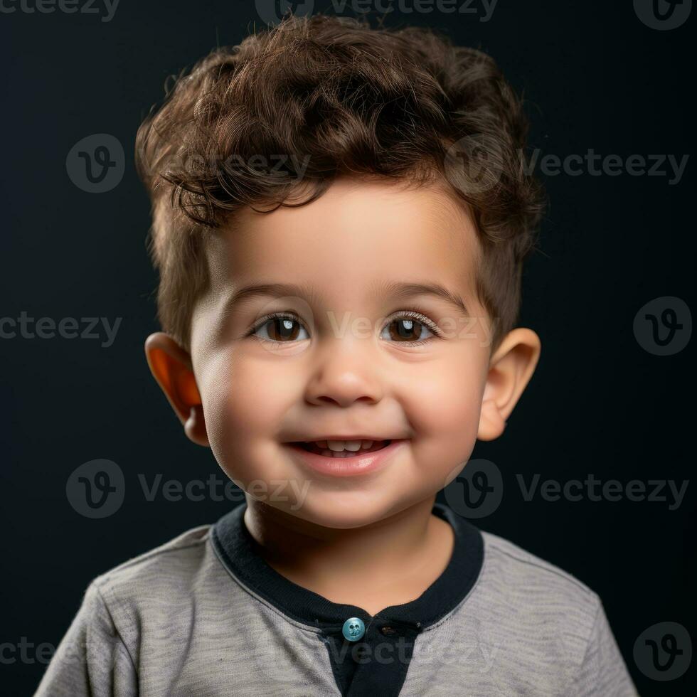 portrait of a cute little boy with curly hair on black background