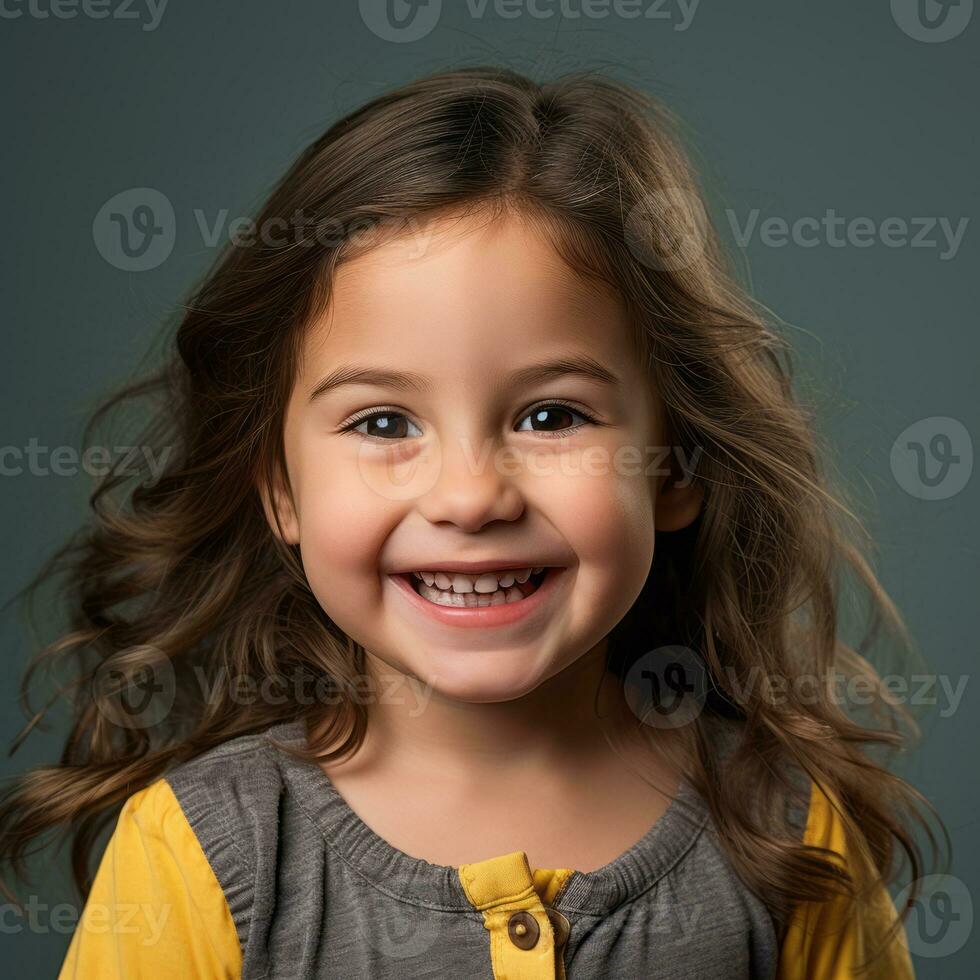 portrait of a cute little girl smiling on a gray background generative ai photo