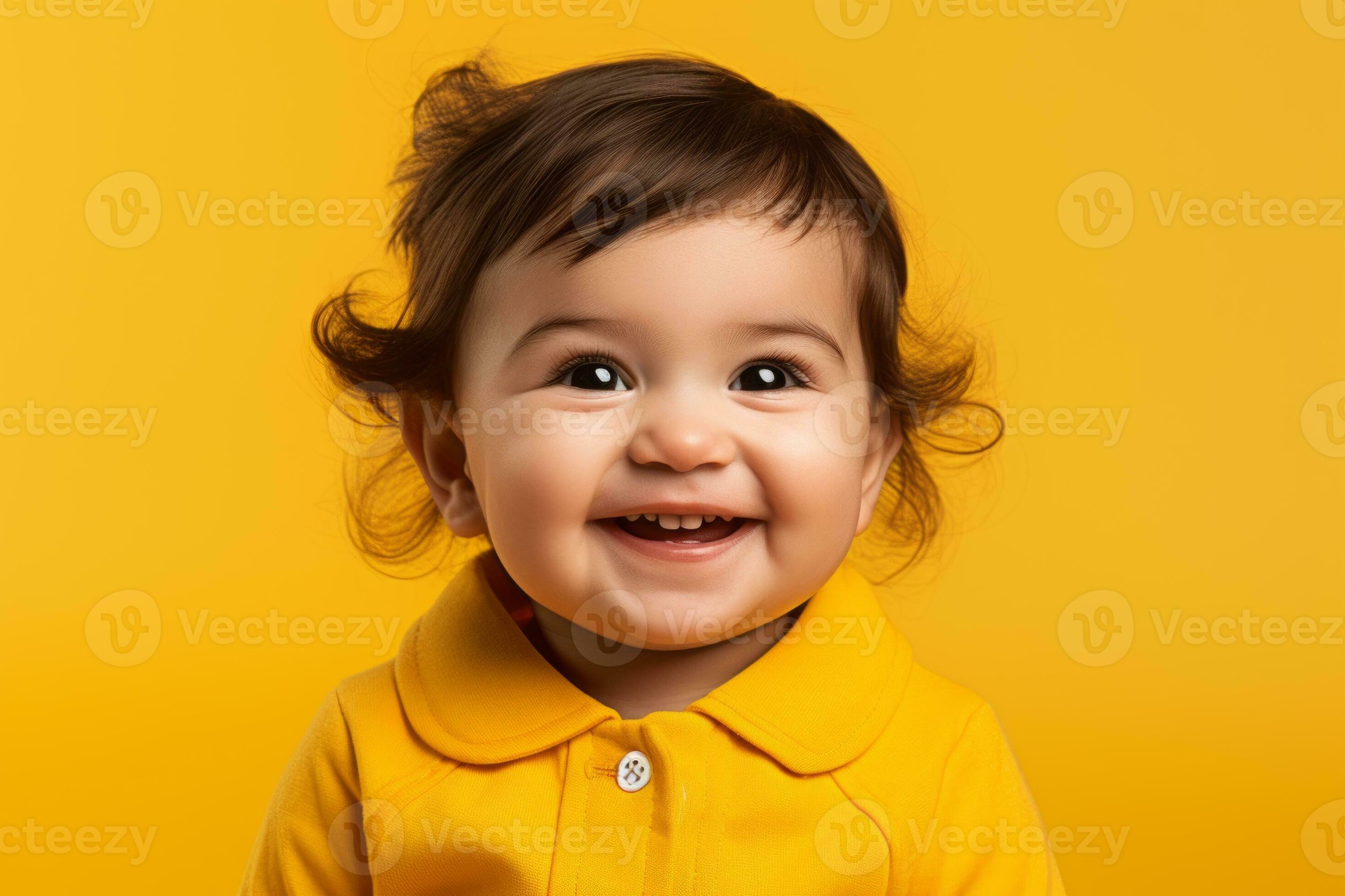 portrait of a cute baby girl smiling on yellow background stock photo