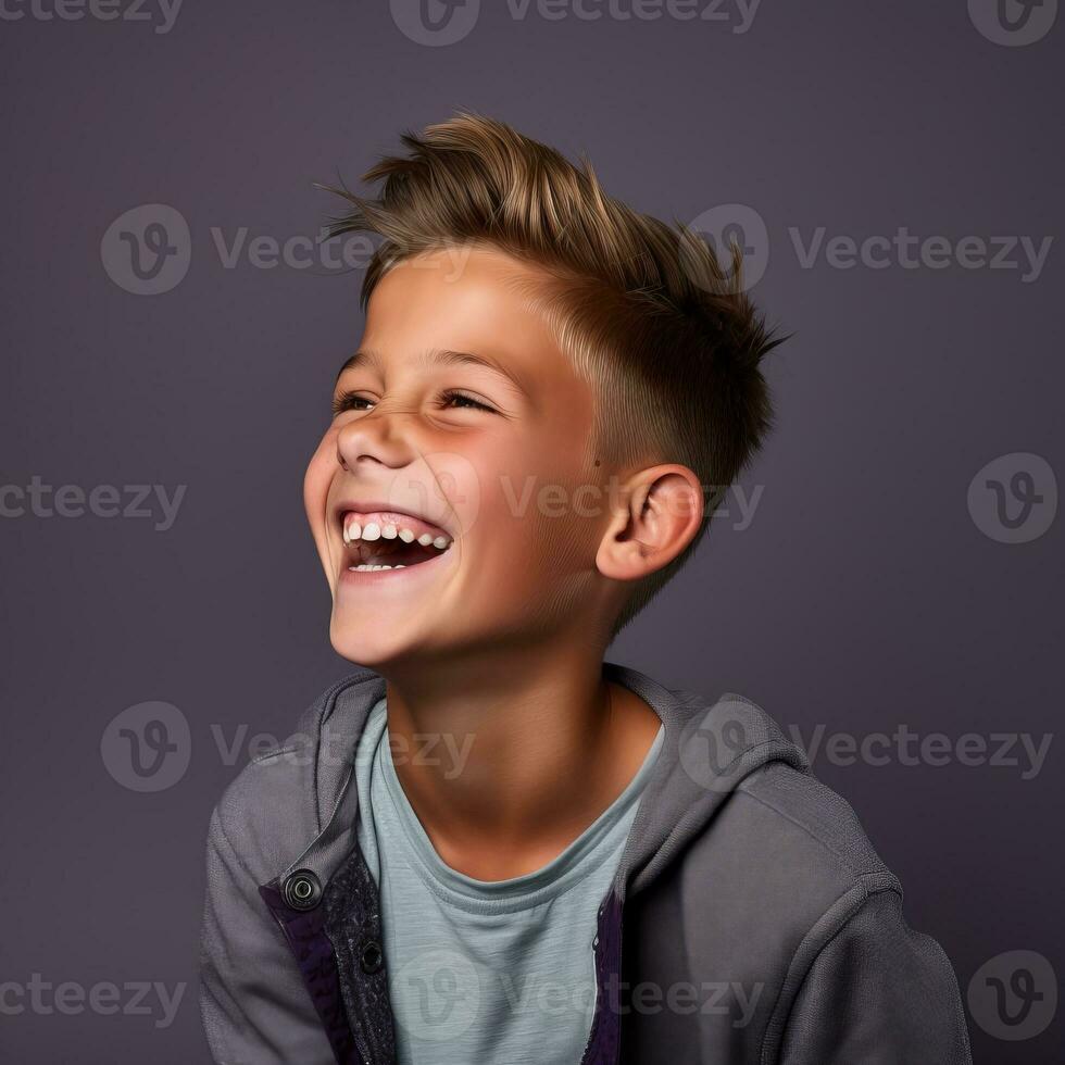 portrait of a laughing boy on a purple background generative ai photo