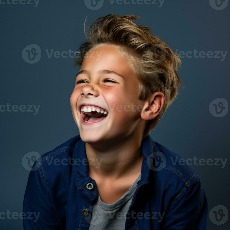 portrait of a laughing boy on a dark background generative ai photo