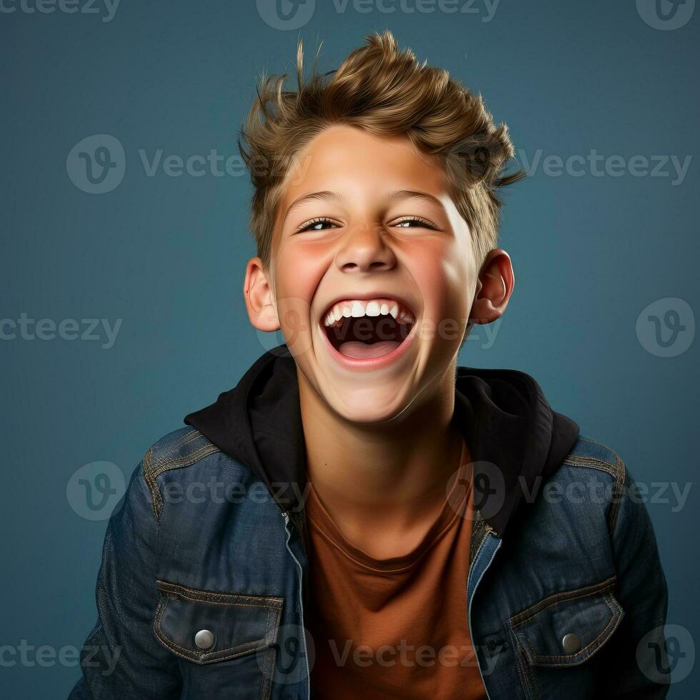 portrait of a laughing boy on a blue background stock photo generative ai