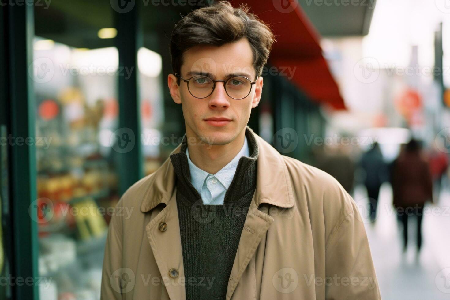 portrait of a handsome young man wearing glasses and coat standing in front of a shop generative ai photo