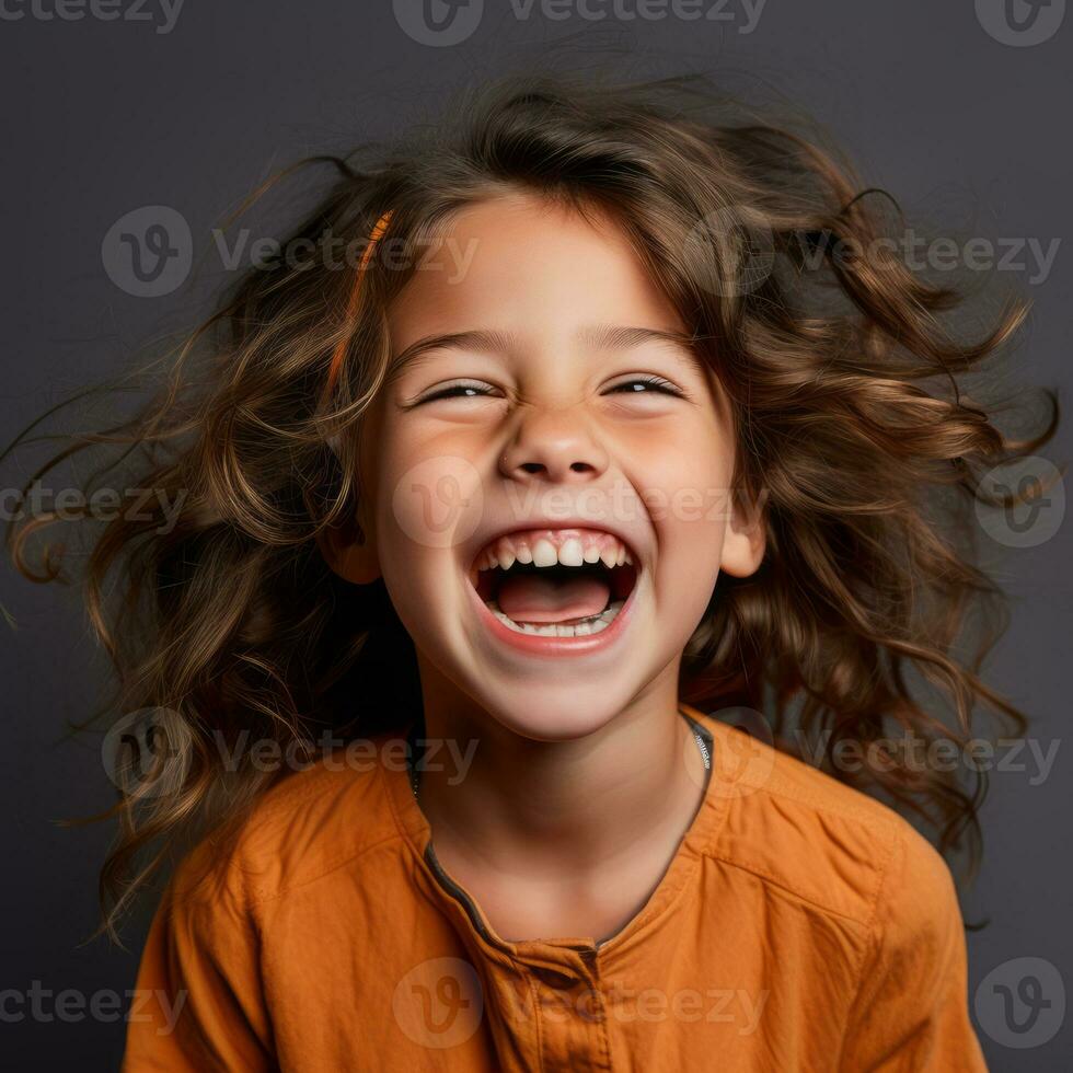portrait of a happy little girl laughing on a dark background stock photo generative ai