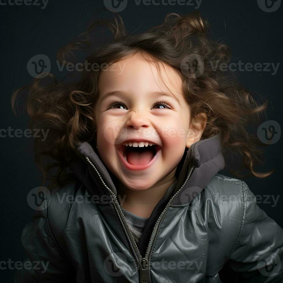 portrait of a little girl laughing on a black background generative ai photo