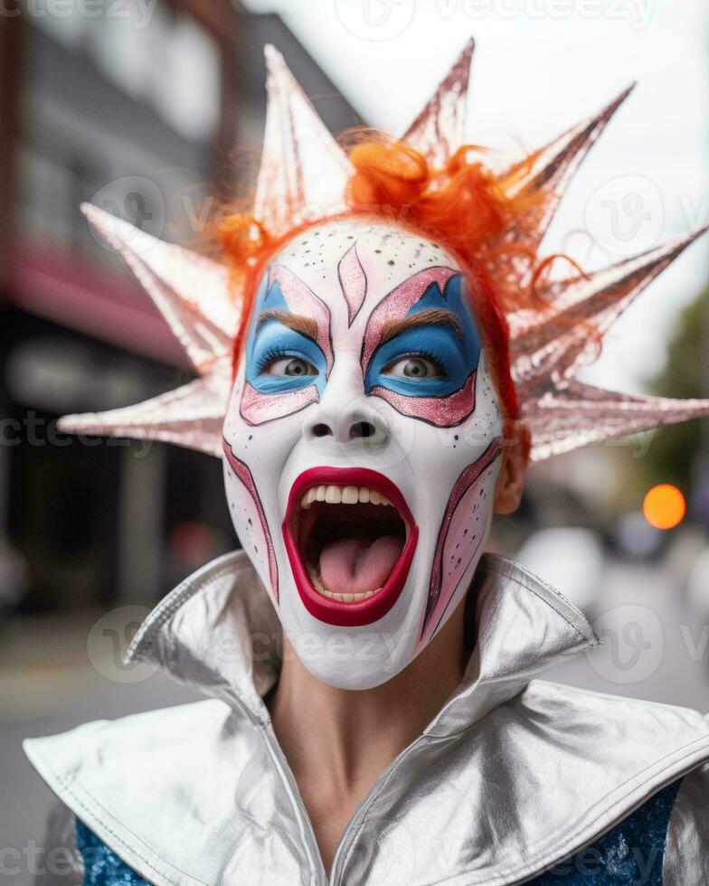 portrait of a woman dressed as a clown on a street in vancouver canada generative ai photo