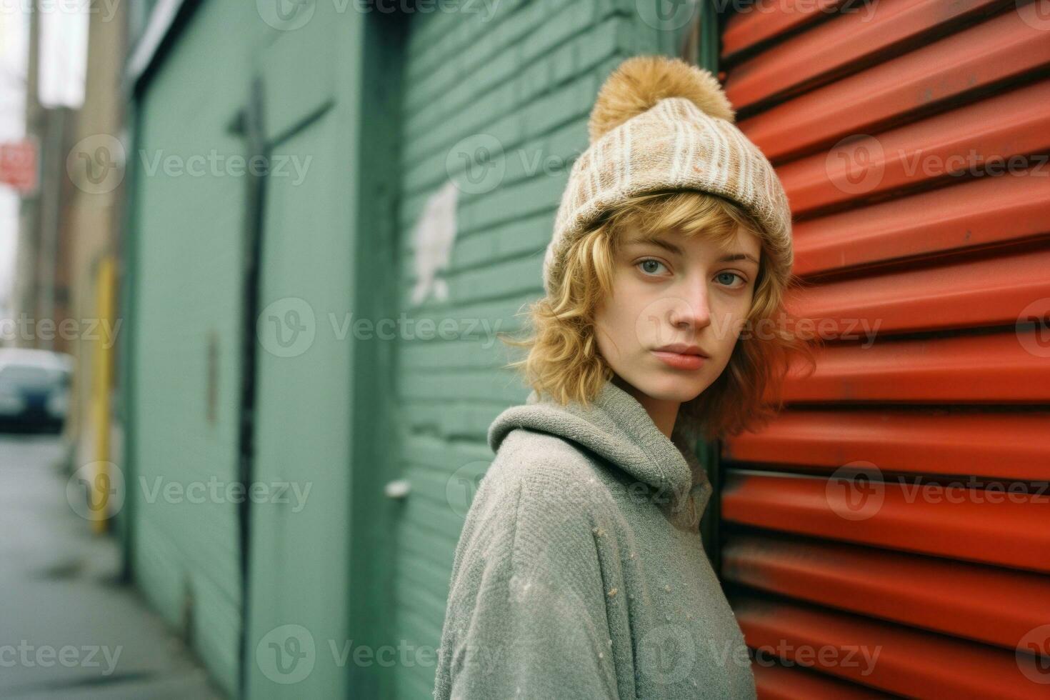 portrait of a young woman wearing a beanie standing in front of a red door generative ai photo