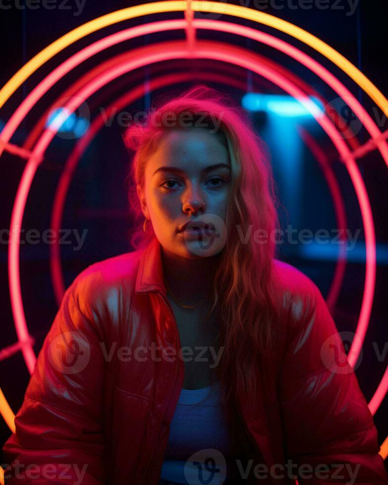 portrait of a young woman with neon lights in the background generative ai photo