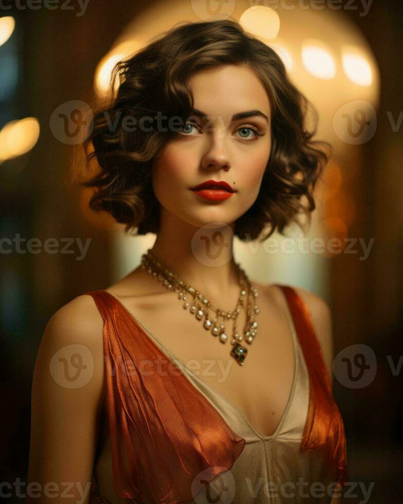 portrait of beautiful woman with red lipstick and gold necklace generative ai photo