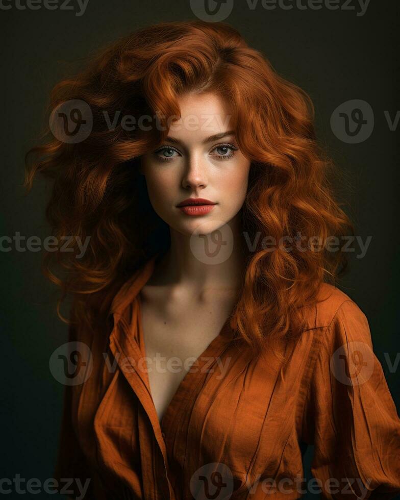 Portrait Of Beautiful Redhead Woman With Curly Hair On Dark Background