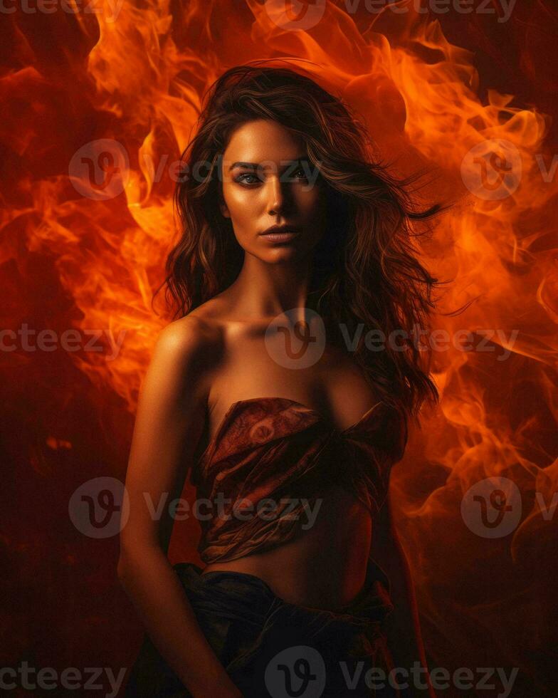 portrait of beautiful young woman with fire on background stock photo generative ai