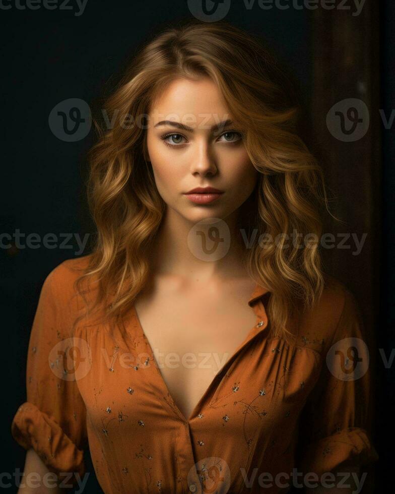 portrait of beautiful young woman with wavy hair on dark background generative ai photo
