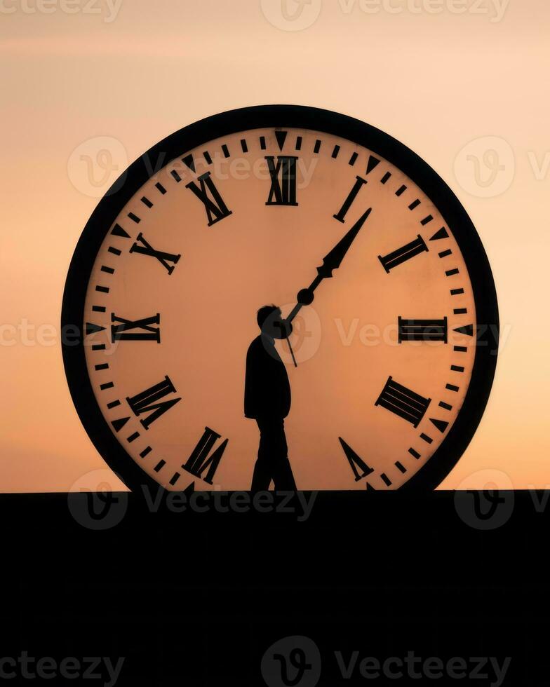 silhouette of a man walking in front of a large clock generative ai photo