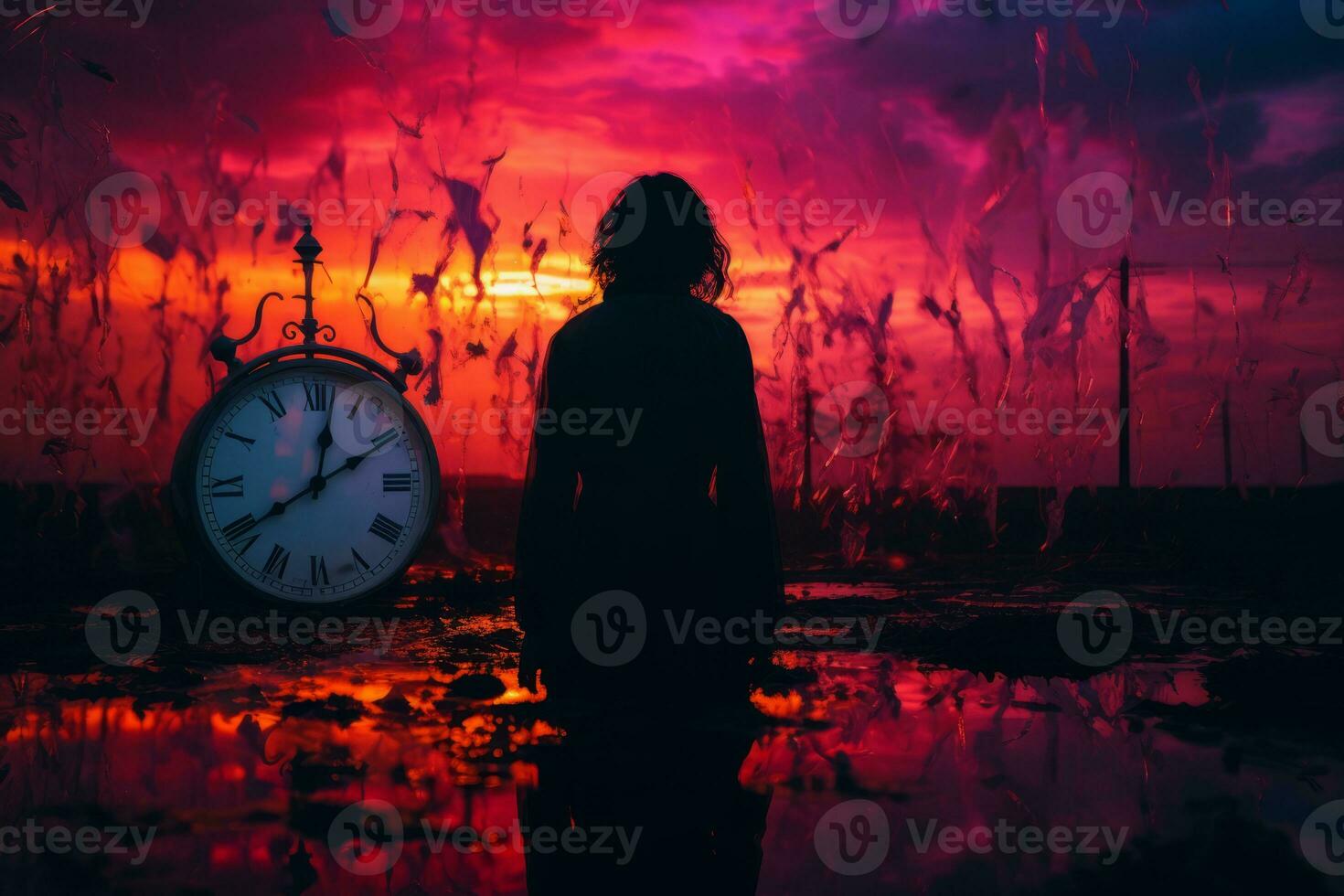 silhouette of a person standing in front of a clock at sunset generative ai photo