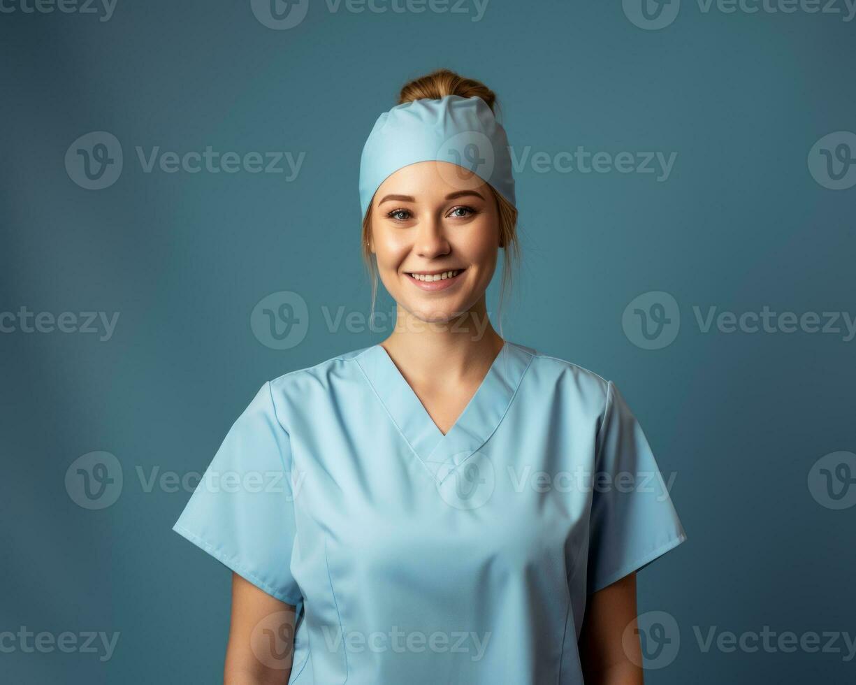 smiling female doctor in blue scrub suit on blue background generative ai photo