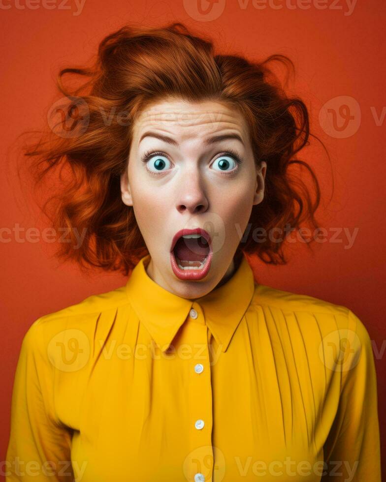 surprised redhead woman with open mouth on an orange background generative ai photo