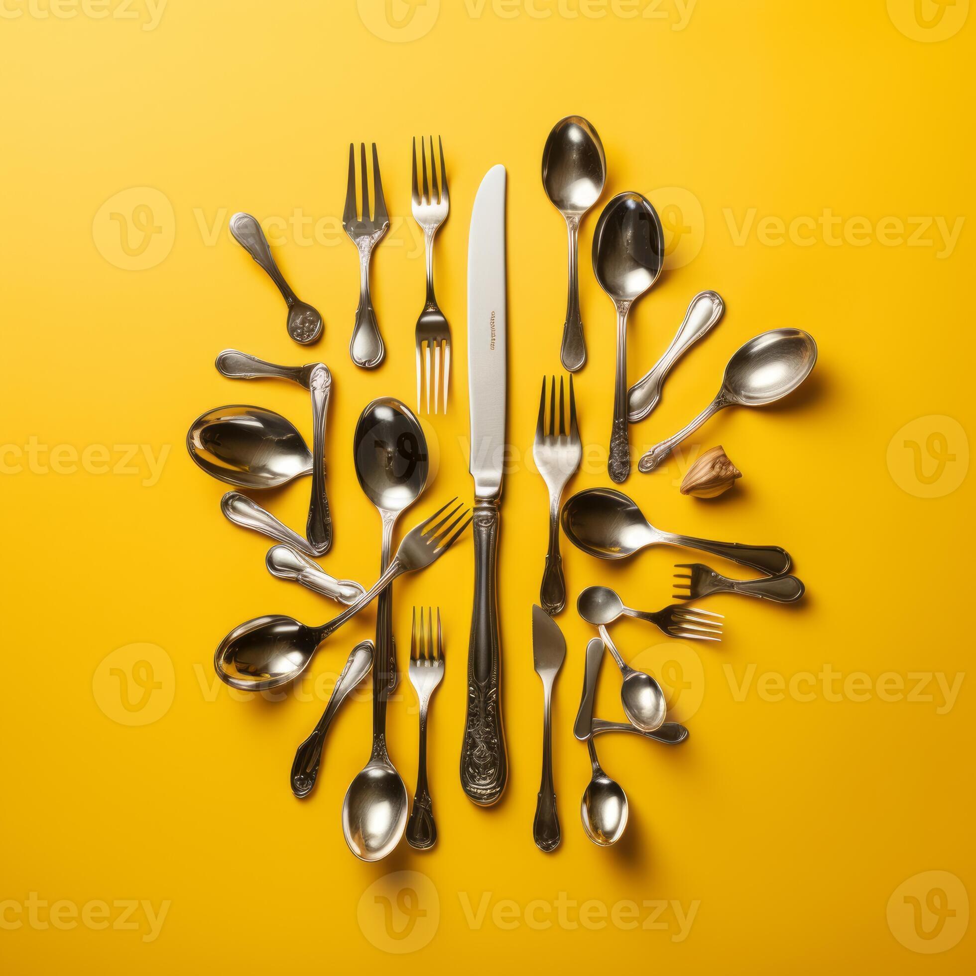 spoons forks and knives arranged in a circle on a yellow background