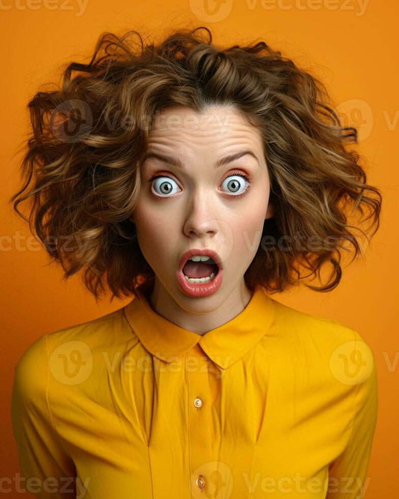 surprised woman in yellow shirt with open mouth on orange background generative ai photo