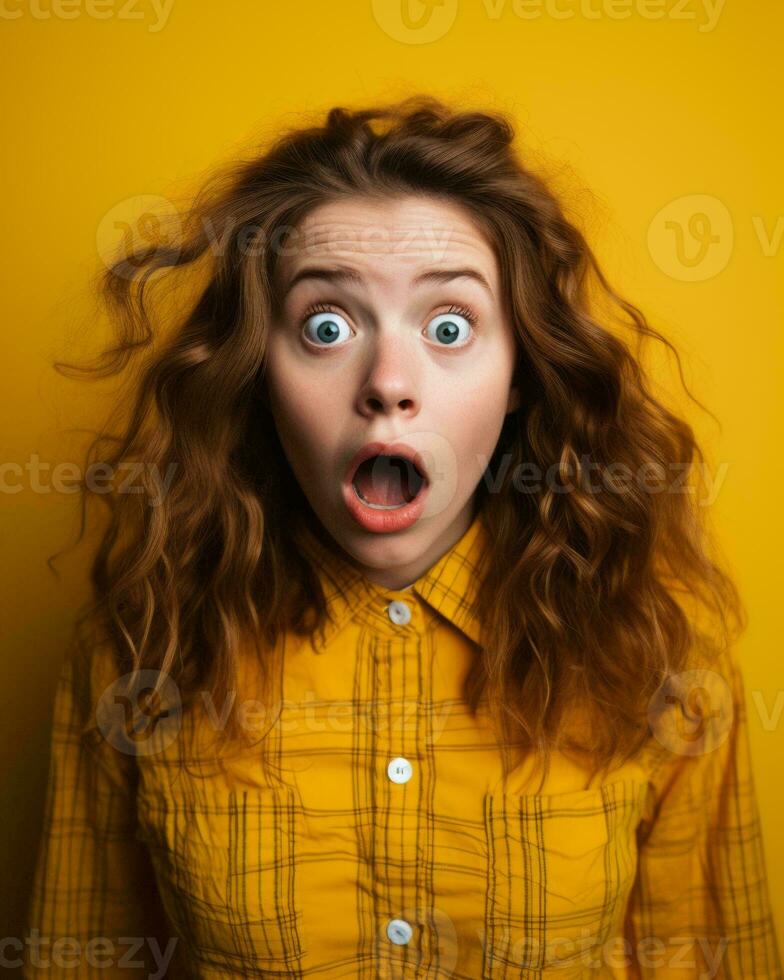surprised woman with open mouth on yellow background generative ai photo