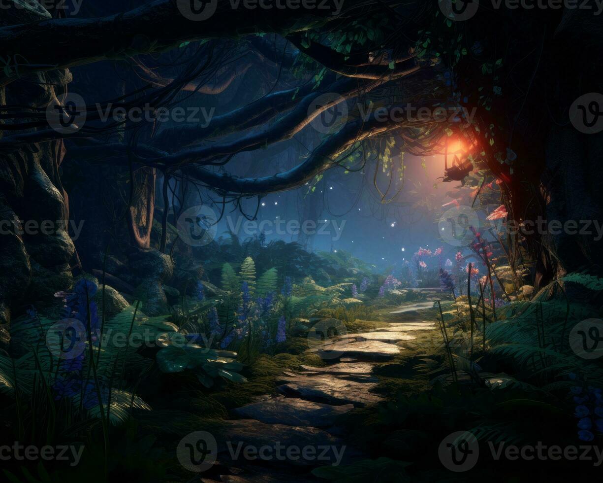 the dark forest with a path leading to a light at the end of it generative ai photo