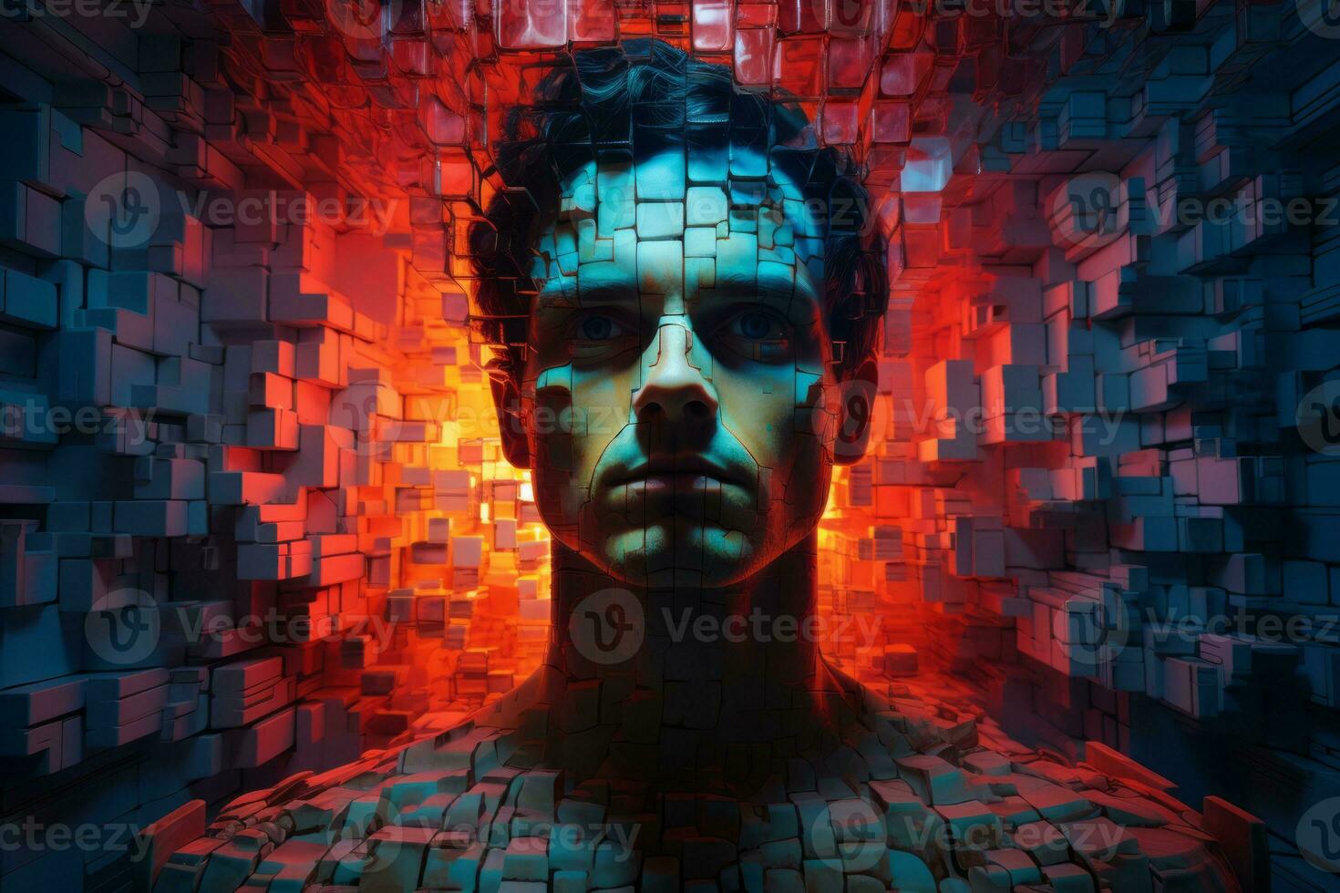the face of a man in front of a red and blue background generative ai photo