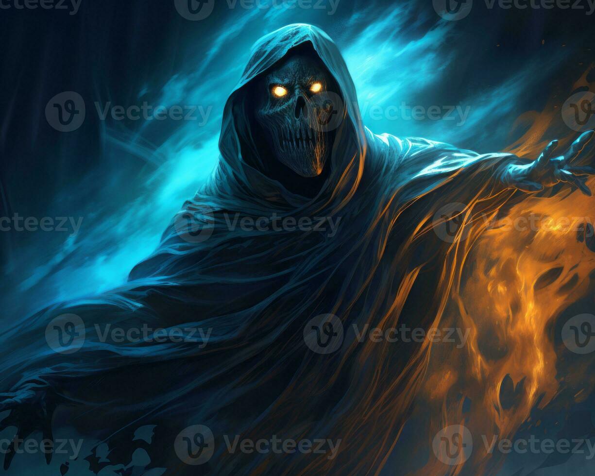 the grim reaper is standing in the dark with flames in his hands generative ai photo
