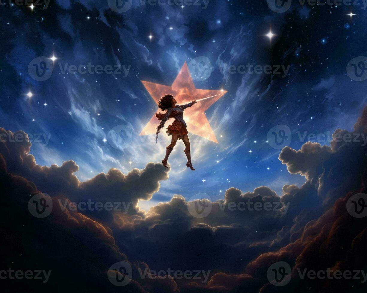 the little star is flying in the sky above the clouds generative ai photo