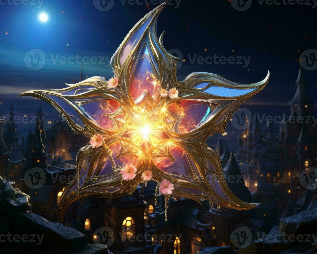 the star is glowing in the night sky with a city in the background generative ai photo