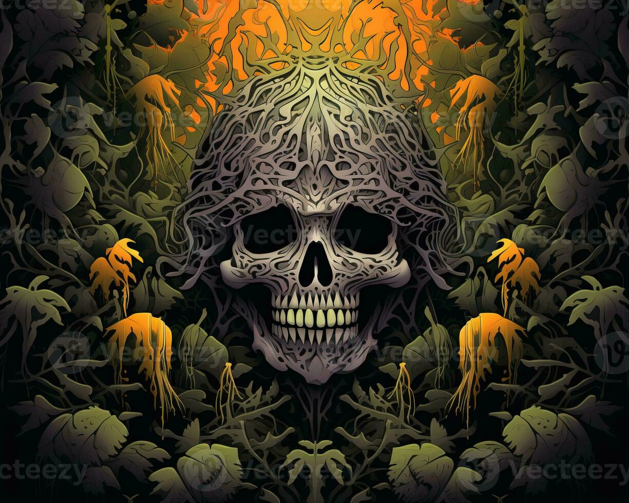 the skull is surrounded by plants and flowers generative ai photo
