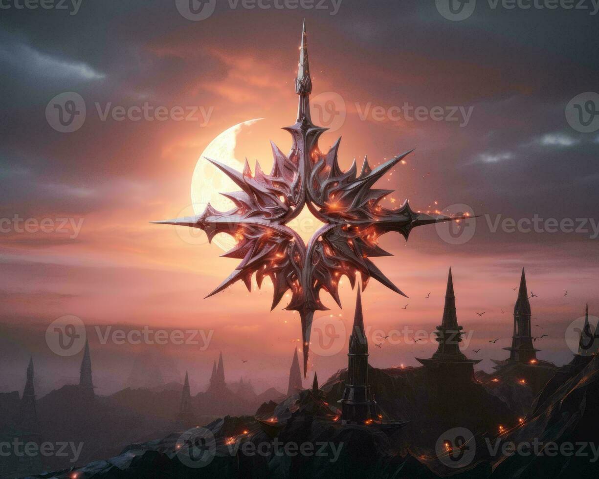 the sun is setting over a mountain with a star in the sky generative ai photo