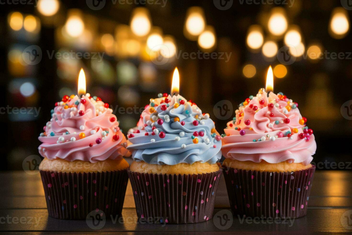 three cupcakes with lit candles on a wooden table generative ai photo