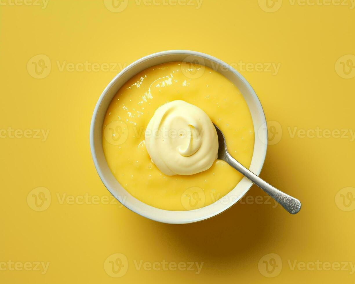 top view of a bowl of yellow custard with a spoon on a yellow background stock photo generative ai