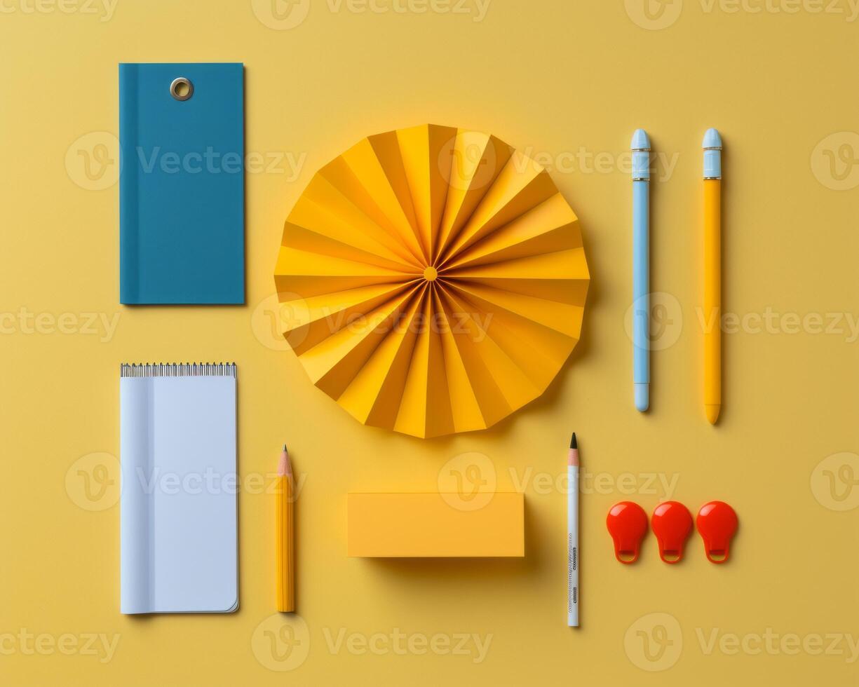 various stationery items arranged on a yellow background generative ai