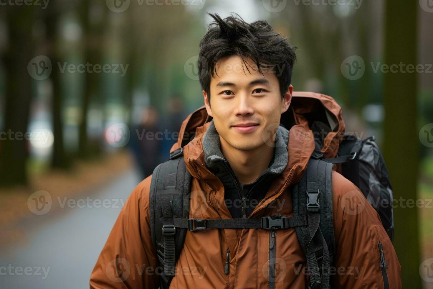 young asian man with backpack walking down the street generative ai photo