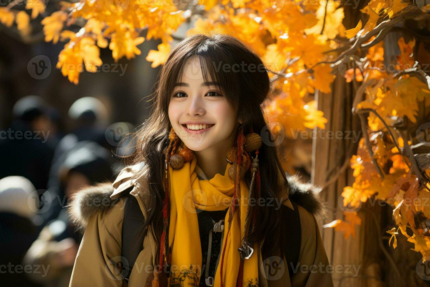 young asian woman smiling in front of autumn leaves generative ai photo