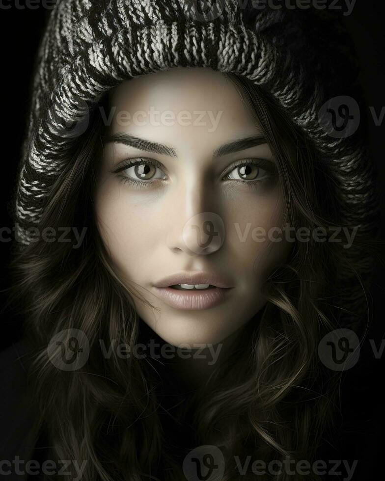 a beautiful woman with long hair and a beanie generative ai photo