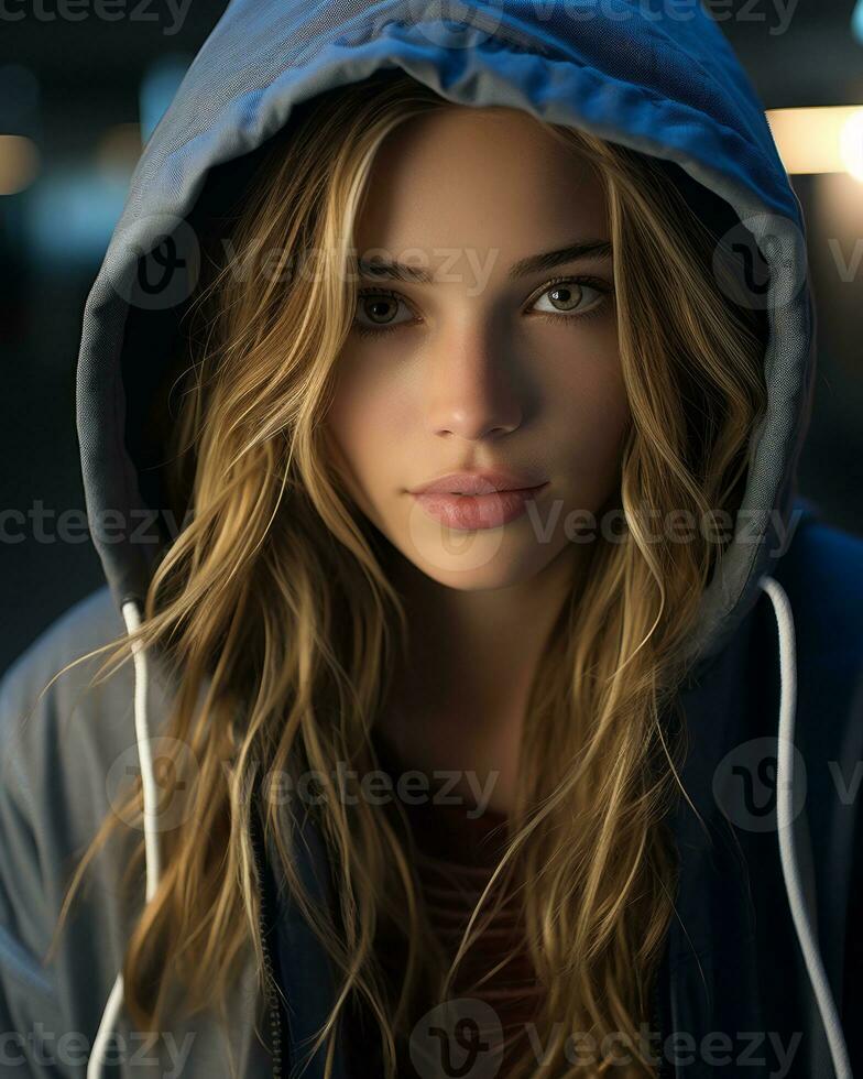 a beautiful young woman in a hoodie generative ai photo