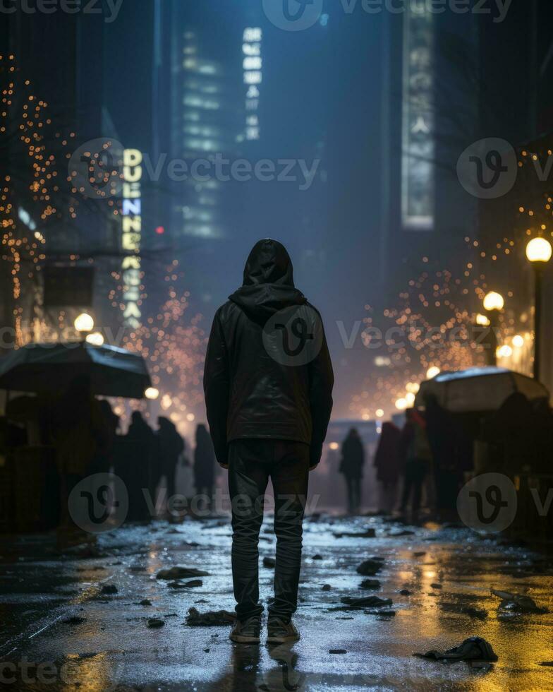 a man in a hooded jacket standing in the middle of a city street at night generative ai photo