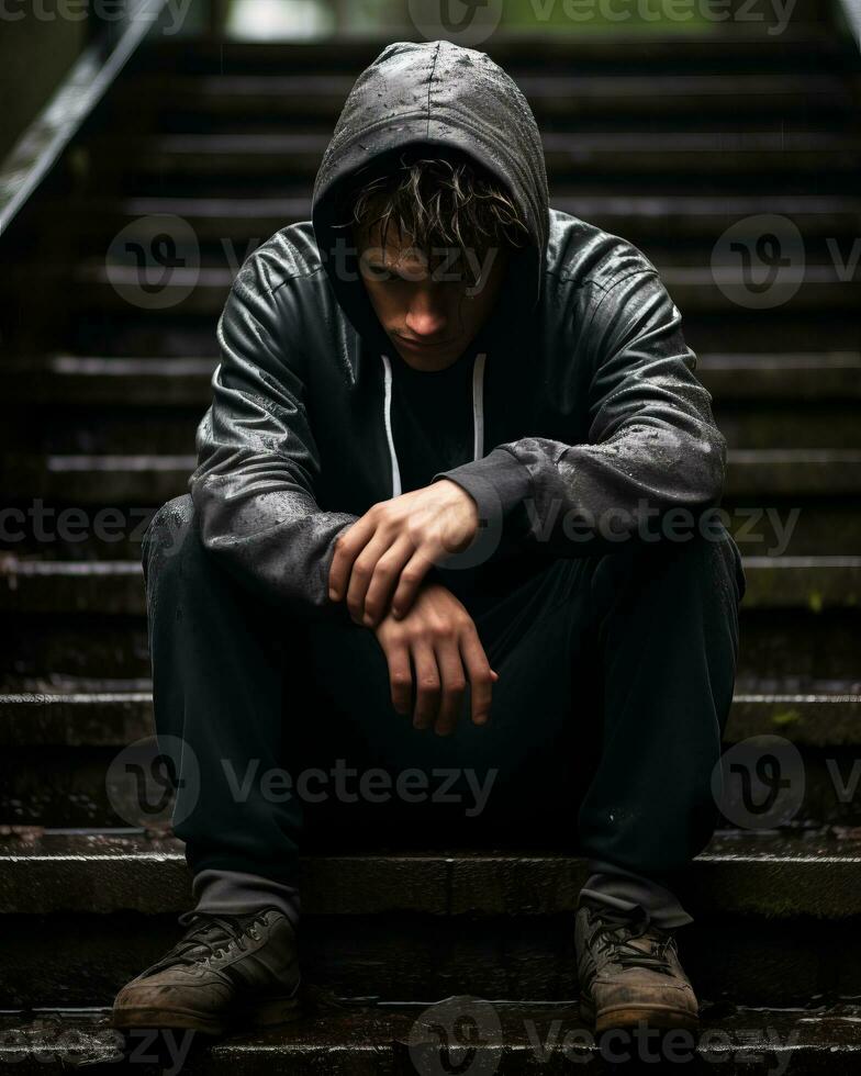 a man in a hoodie sitting on some stairs generative ai photo